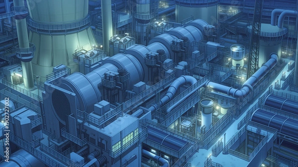 Obraz アニメ調で描かれたプラント施設内部のイラスト背景