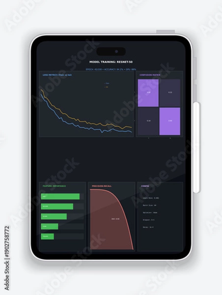 Obraz Tablet Displaying Data Analytics Dashboard with Charts, Graphs and Performance Metrics UI Illustration