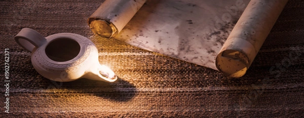 Obraz Old oil lamp and scroll