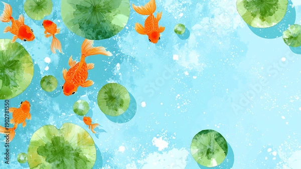Obraz 金魚と蓮の葉の和風イラスト背景｜夏の涼感・お中元・残暑見舞い用素材