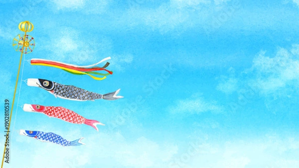 Obraz 空を泳ぐ鯉のぼりの水彩イラスト