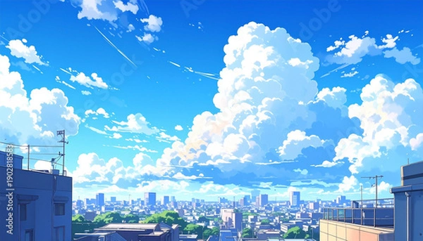 Obraz 日本の都市部に広がる夏の青空と入道雲　アニメ風イラスト