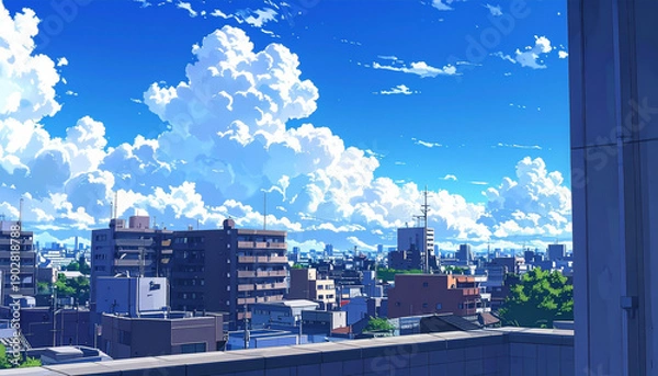 Obraz 日本の都市部に広がる夏の青空と入道雲　アニメ風イラスト