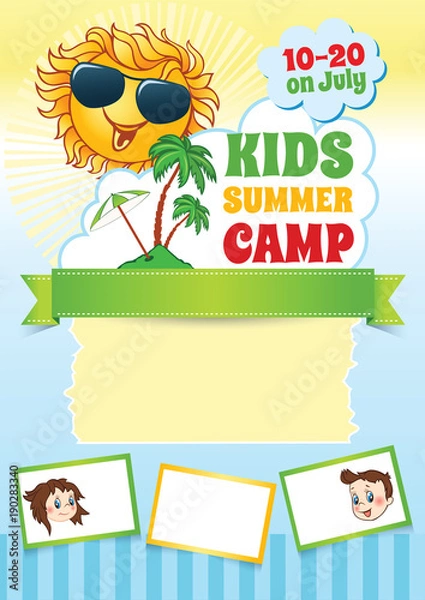 Fototapeta Summer Kid Camp Template, vector background with cartoon smiling sun and text blocks