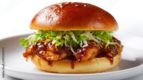 Obraz 白い皿に盛り付けられた照り焼きソースたっぷりのジューシーなチキンとシャキシャキレタスの本格テリヤキバーガー