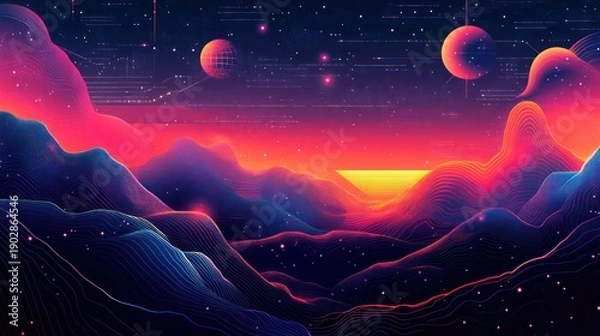 Obraz Vibrant Cosmic Sunset Over Alien Mountains.
