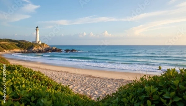 Obraz Coastal Lighthouse Overlooking Sandy Beach