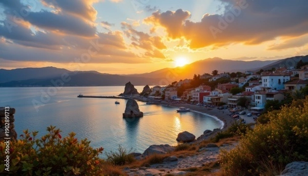 Obraz Coastal Town at Sunset