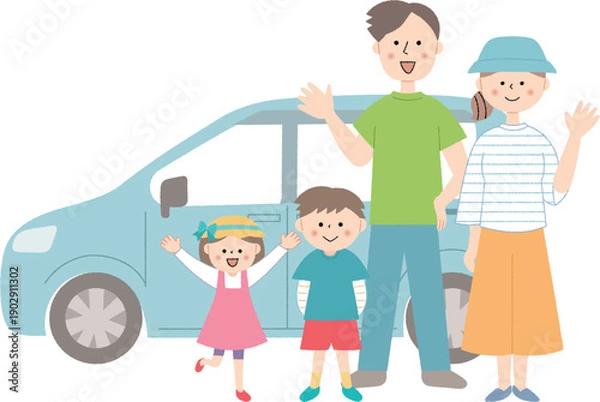 Obraz 車の前に並ぶ笑顔の若い家族