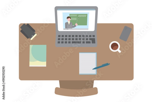 Obraz オンライン授業の動画が開かれているパソコンのあるデスク