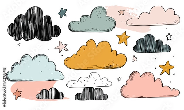 Obraz 手描きのかわいい雲と星のイラストセット。子供向けのデザインや背景に使える、カラフルで夢のような要素が満載です。