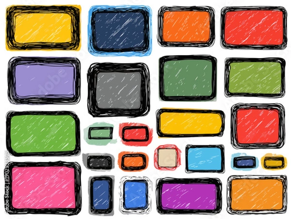 Obraz クレヨンや手描き風のカラフルな枠とフレームのセット、様々な形とサイズでデザイン素材として活用できる抽象的な背景イラスト。