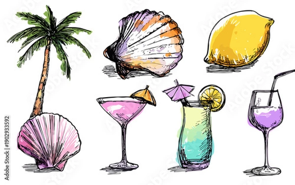 Obraz 夏のバケーションを彩るヤシの木、貝殻、レモン、そしてカラフルなカクテルを水彩で手描きした、透明感あふれるトロピカルイラストセット。
