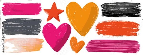 Obraz カラフルな手描きの筆跡、ハート、星のセット。透明な背景で様々なデザインプロジェクトに活用できる、ポップで楽しいイラスト素材コレクション。