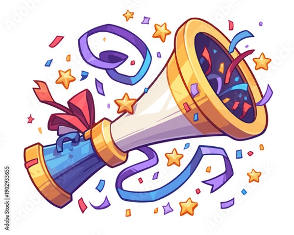 Obraz 透明な背景に、紙吹雪とリボンが舞うカラフルなメガホンのイラスト。お祝い、発表、イベントの成功を象徴するポップで楽しいベクターグラフィックデザイン素材。