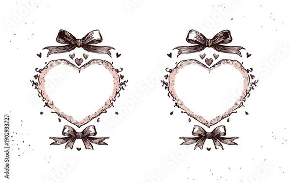 Obraz 繊細な手描き風のハート型フレームとリボン装飾が特徴の、透明背景に配置された優雅でロマンチックなイラスト素材は、デザインのアクセントに最適です。