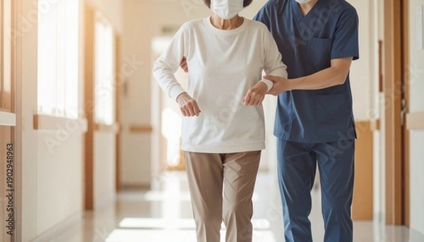 Obraz 病院で理学療法士と歩くリハビリをする高齢女性　シニア介助イメージ