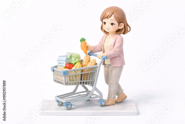 Obraz 食材を買い物かごに入れる女性のフィギュア　日常のショッピングシーン