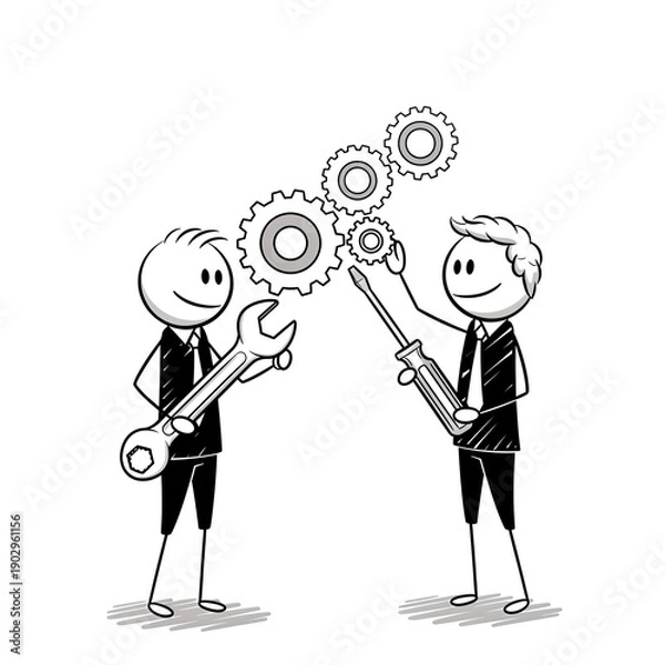 Obraz Stick figures collaborating with gears and tools, symbolizing teamwork and problem-solving.