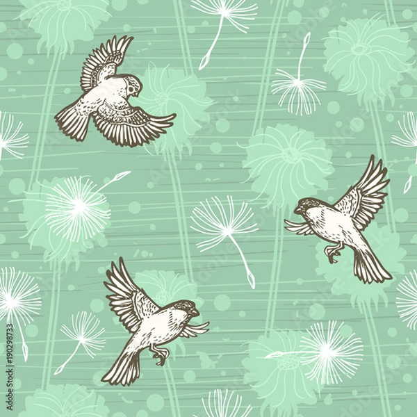 Fototapeta Doodle hand drawn dandelion flowers and flying birds on blue. Vector seamless minimalistic pattern. Endless pattern for wallpaper, pattern fills, web page background, textures. Hand drawn, botany