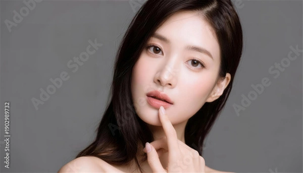 Obraz 指を唇に添えるナチュラルメイクの日本人女性