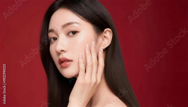 Obraz 赤い背景で頬に手を添える美しい日本人女性