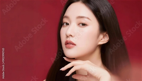 Obraz 赤い背景で顎に手を添えるロングヘアの日本人女性