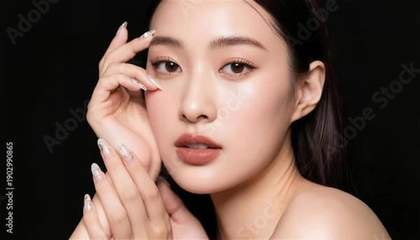 Obraz 黒背景で金箔ネイルを見せる美しい日本人女性