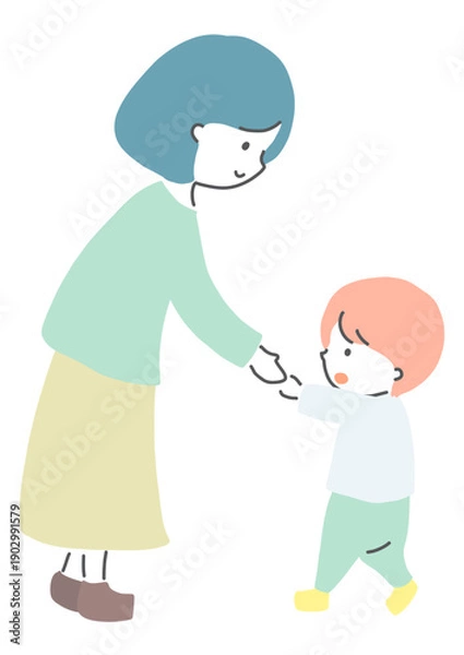 Obraz 手をつなぐ子供と母親　イラスト