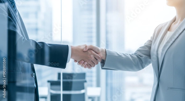 Obraz オフィスで握手をするビジネスマン 挨拶・赴任・就任・契約・送別の握手シーン