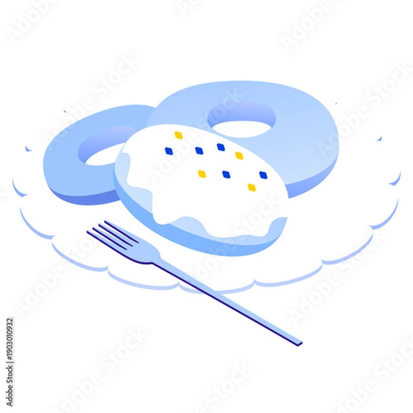 Obraz アイソメトリックなドーナツのイラスト（お皿とフォーク・スイーツ）