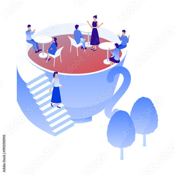 Obraz アイソメトリックなティーカップ型カフェテラス（飲食店・休憩・交流）ユニークなレストランの3Dベクターイラスト：巨大なカップで過ごす人々