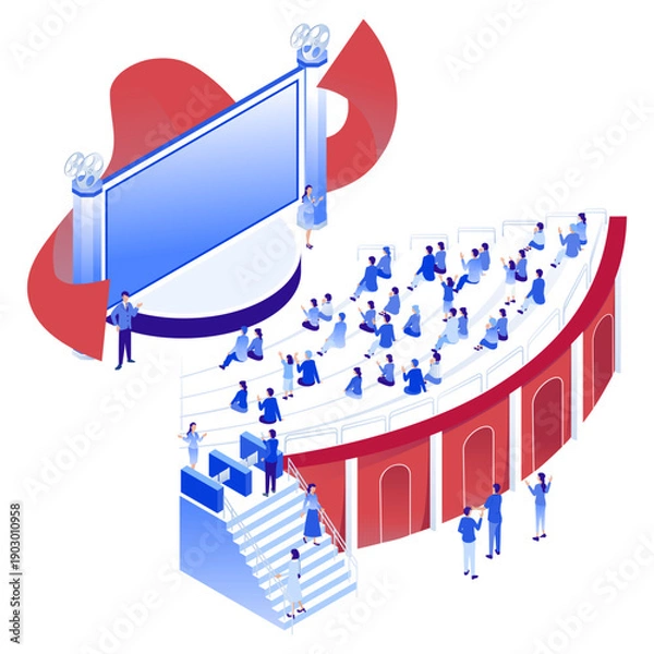 Obraz アイソメトリックな映画館・シアターのイラスト（観客席と巨大スクリーン）