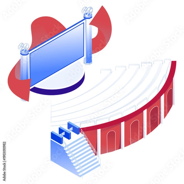 Obraz アイソメトリックな映画館・シアターのイラスト（観客席と巨大スクリーン）