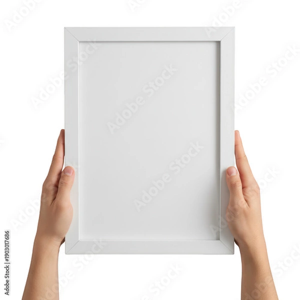 Obraz 3D rendered empty picture frame held by hands isolated on transparent background