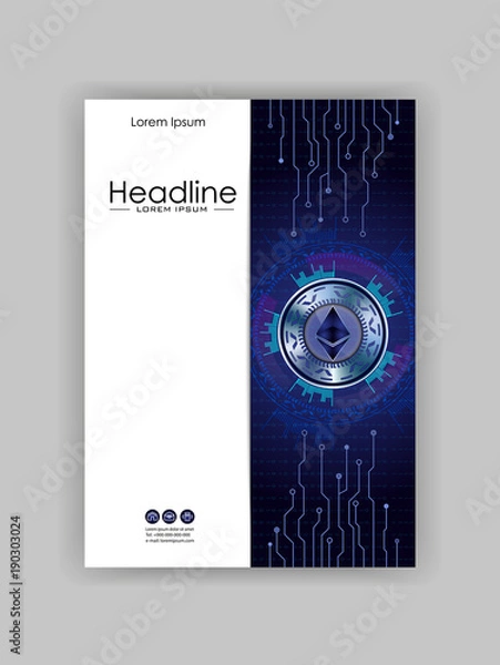 Fototapeta Cover design ethereum silver coin space HUD background. Modern dark design with lines in action. Good for book cover, banner, report, flyer, web, page, magazine. Vector.