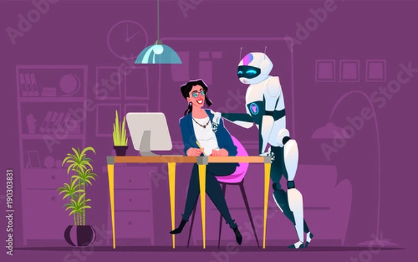 Fototapeta Business characters in different situation. Teamwork with robot. Robot discuss business deal with woman.