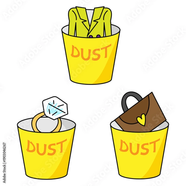 Obraz ゴミ箱に捨てられた高級品 ダイヤモンドの指輪と鞄と服