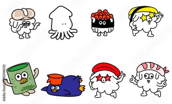 Obraz 寿司と海の生き物のキャラクター集合セット