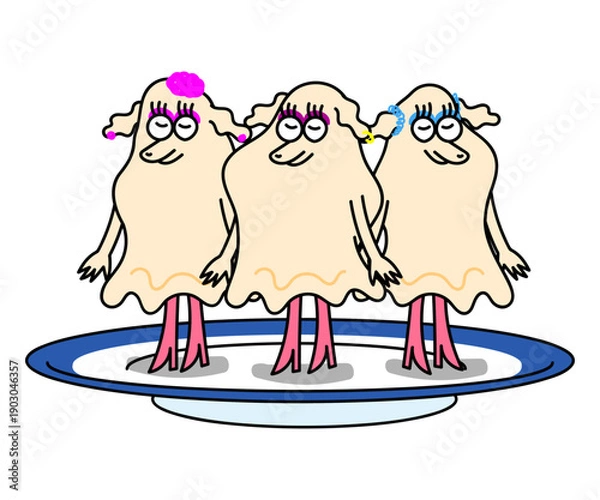 Obraz 寿司屋のガリがアイドルみたいに並ぶキャラクターイラスト（3人・皿の上）