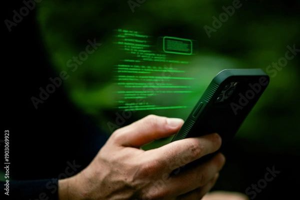 Obraz Hands holding a smartphone with glowing green code projected above the device.