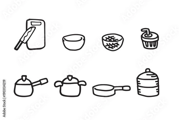 Obraz モノクロの手描き調理道具のイラストセット