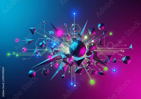 Obraz 立体図形、ネオンカラーの抽象的なデザイン