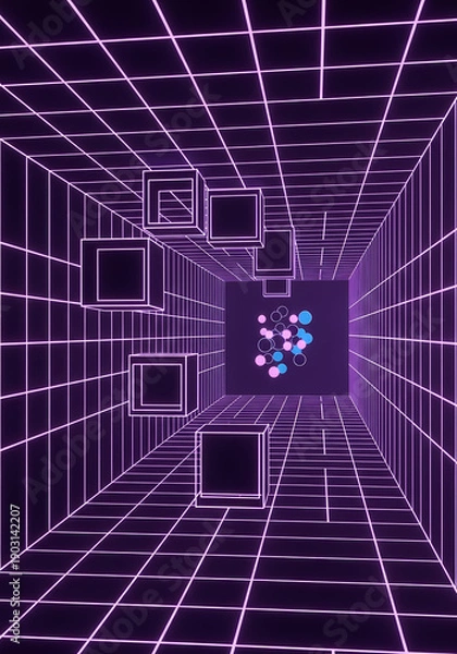 Obraz ネオンのグリッド空間に浮かぶ立方体と球体