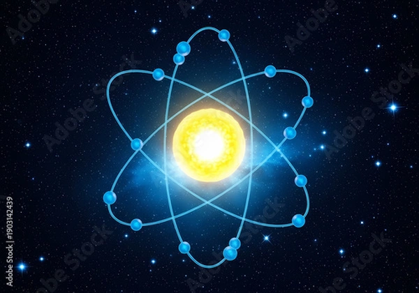 Obraz 輝く原子モデル、宇宙背景に青い軌道デザイン