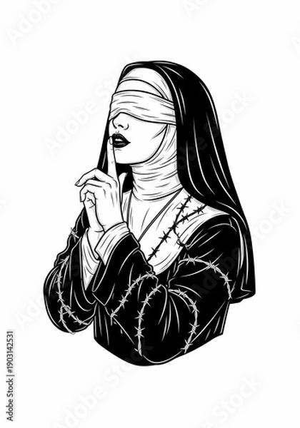 Obraz 白い背景の修道女、指を唇に当て静寂を促す