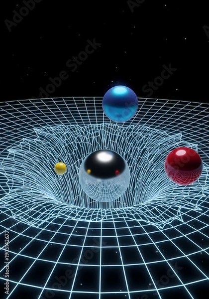 Obraz 球体が歪む空間、ネオンブルーのグリッド