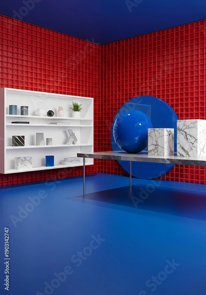 Obraz 青と赤の空間、幾何学的な静物構成