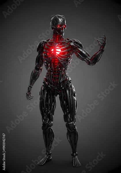 Obraz メタリックな人型ロボット、赤色ライトが印象的