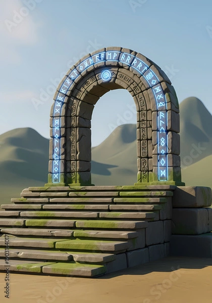 Obraz 古代遺跡の石造アーチ、青い光が神秘的